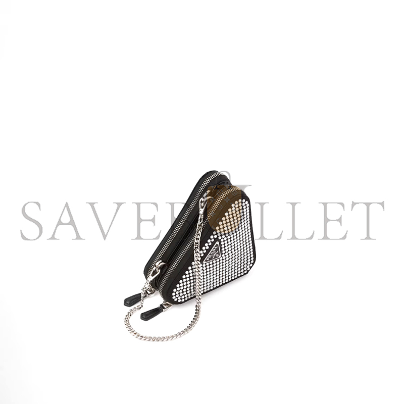 PRADA TRIANGULAR EMBELLISHED SATIN AND LEATHER MINI-POUCH 1NR015 (15*15*10cm) PRADA TRIANGULAR EMBELLISHED SATIN AND LEATHER MINI-POUCH 1NR015 (15*15*10cm)